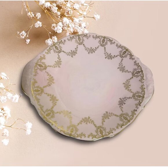 Vintage Queen Anne Pink Golden Scrolling Cake Plate - Picture 3 of 4